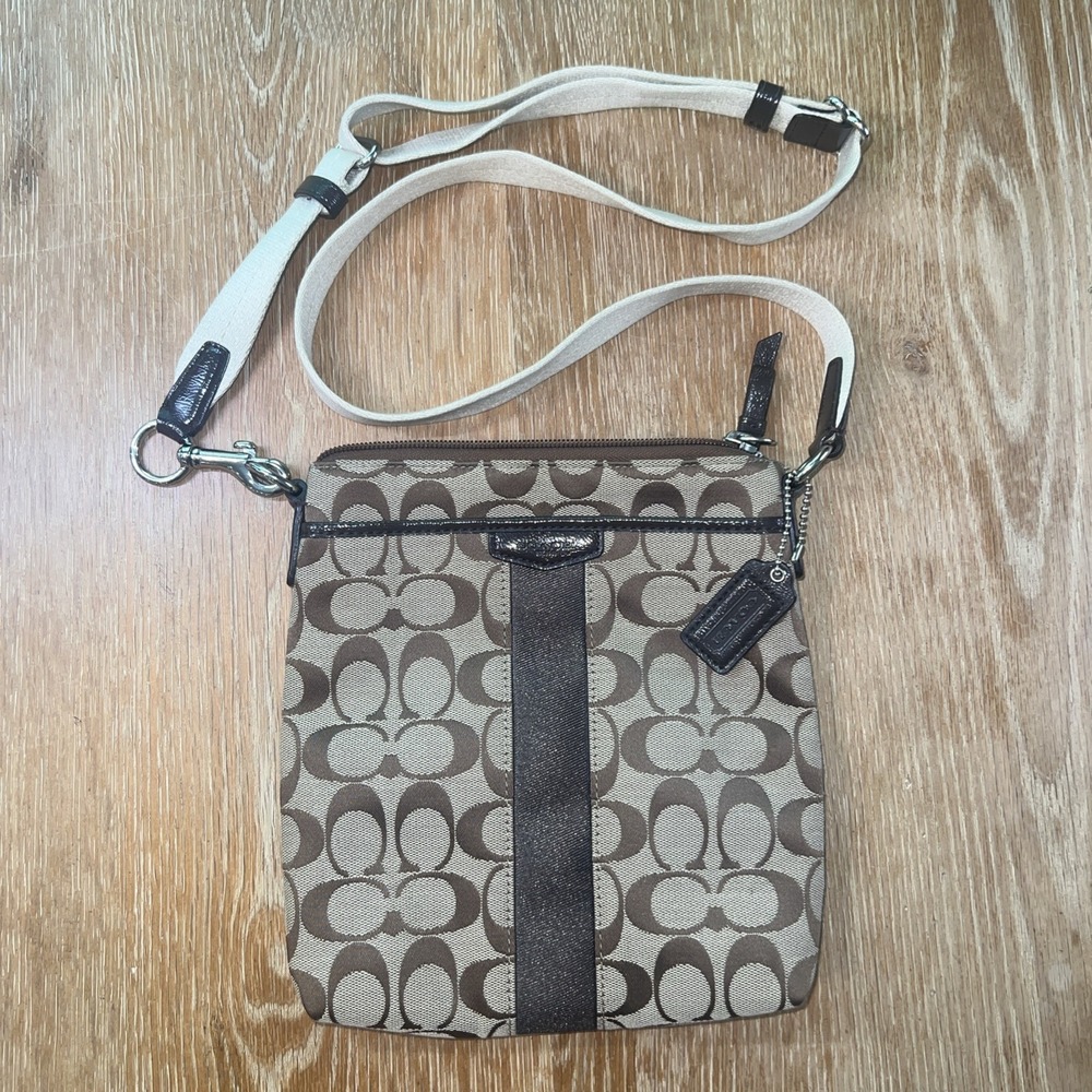 Vintage Coach Small Crossbody Bag Tan Logo Printed Canvas Brown Leather‎ Accents